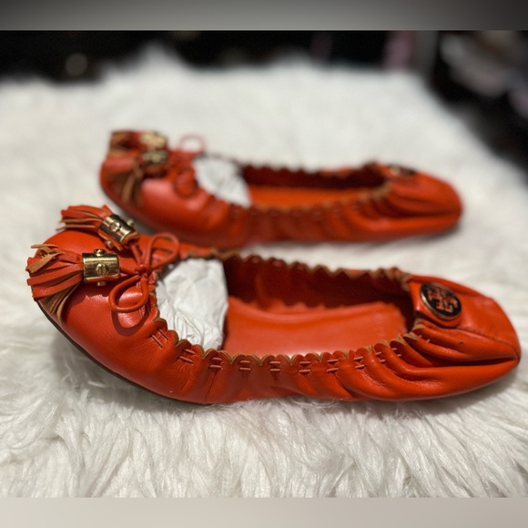 Tory Burch Orange Leather Tassel Scrunch Ballet Flats 7.5 - Picture 10 of 14